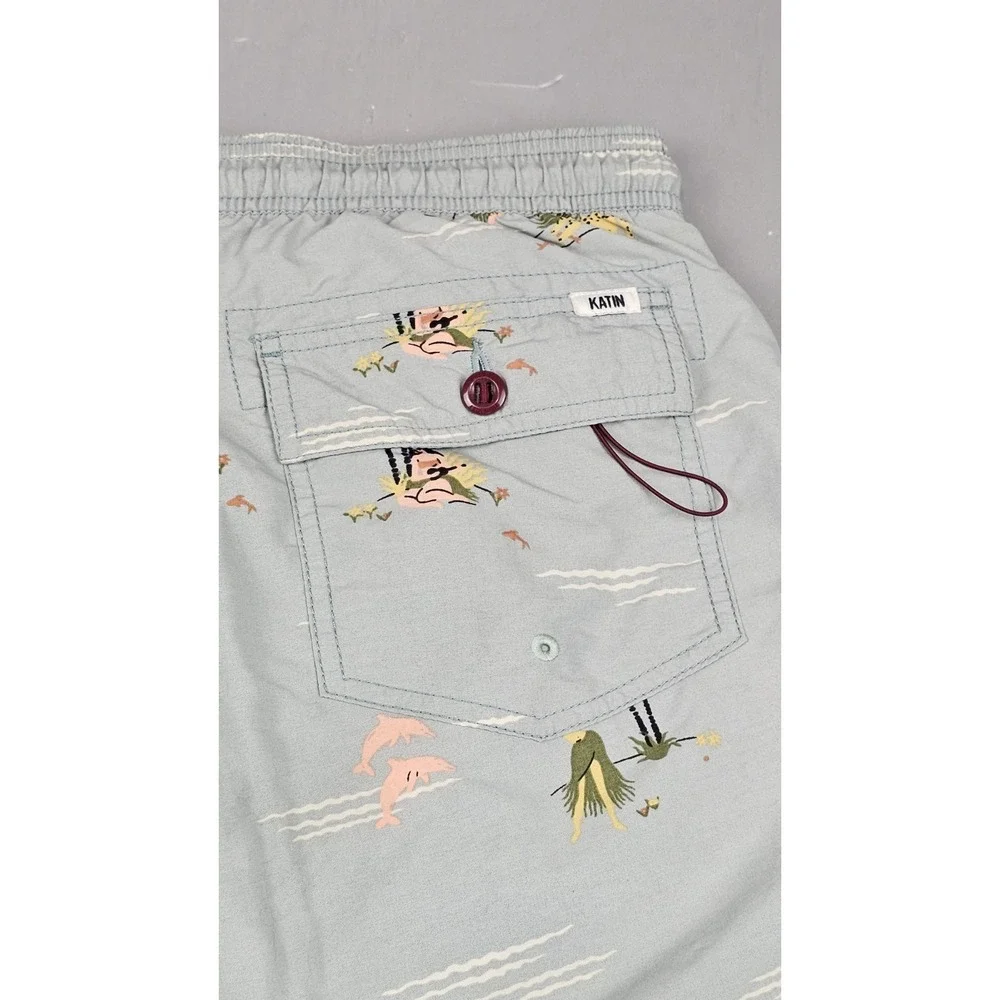 Katin Swim Trunks Mens M Green Hula Girl Mesh Lined Pocket Surf Beachwear Shorts